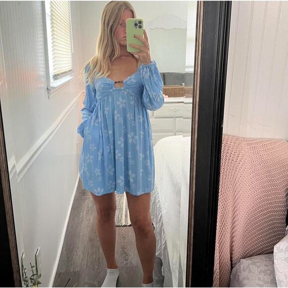 American Eagle Cottage Blue Long Sleeve Short Mini Dress Floral V Neck L - Picture 1 of 6